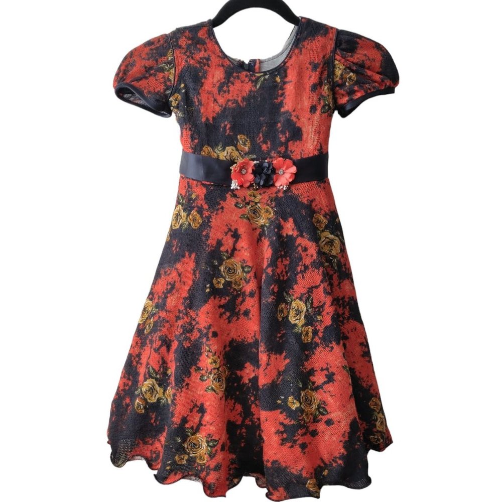 Mori Lee Girls Orange Black Floral Tulle Lined S/S Tie Back Party Dress 5/6?